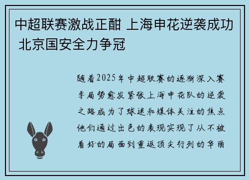 中超联赛激战正酣 上海申花逆袭成功 北京国安全力争冠