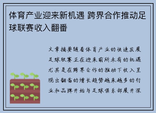 体育产业迎来新机遇 跨界合作推动足球联赛收入翻番